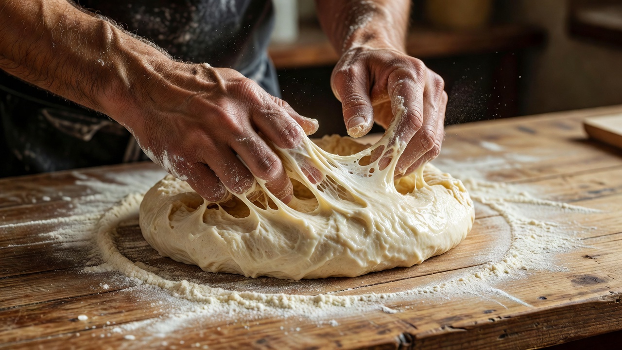 Baker's hands kneading a sticky, high hydration pizza dough on a wooden counter