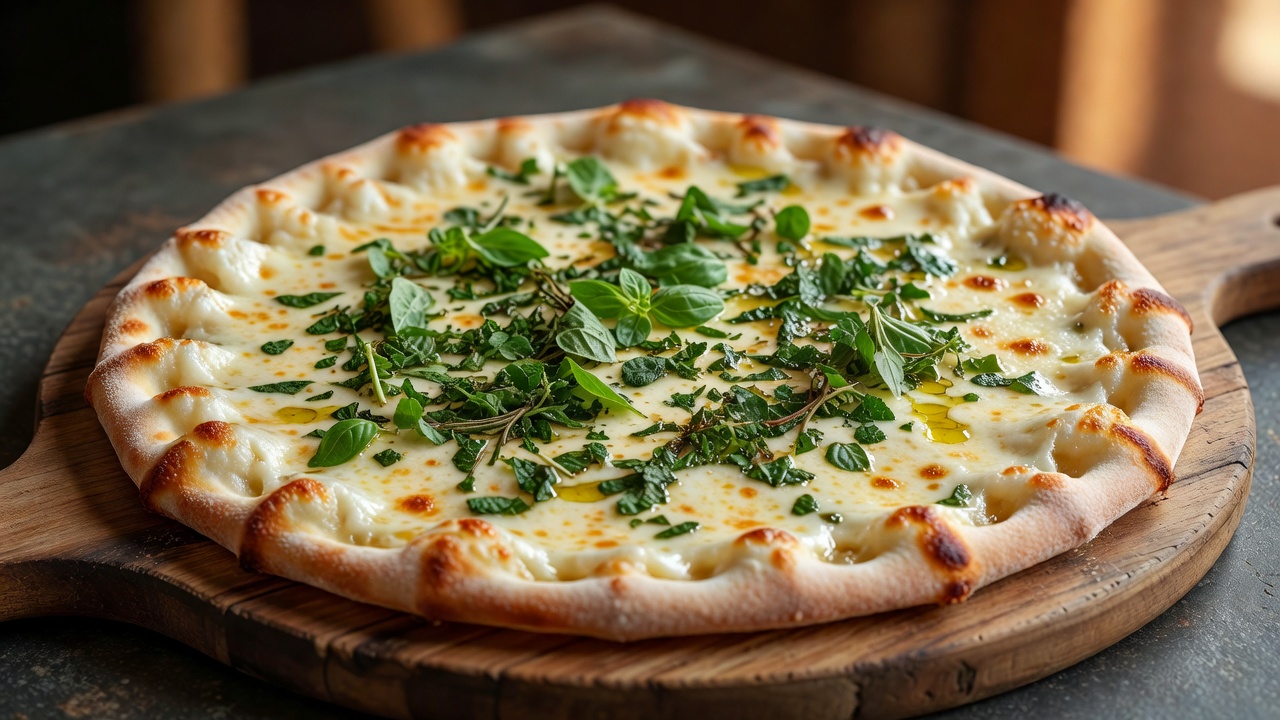 Beautiful white pizza topped with herbs and olive oil