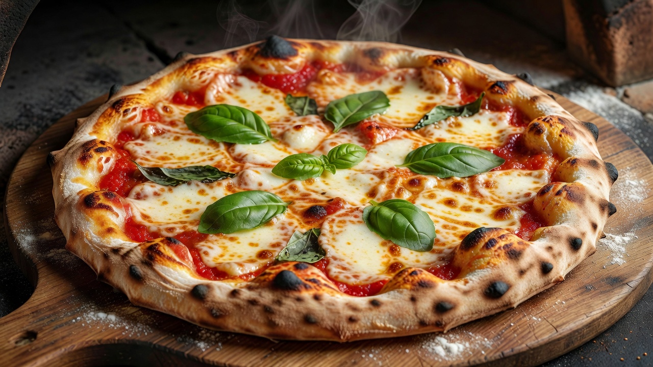 Close up of a classic Margherita pizza showing melted cheese and charred crust