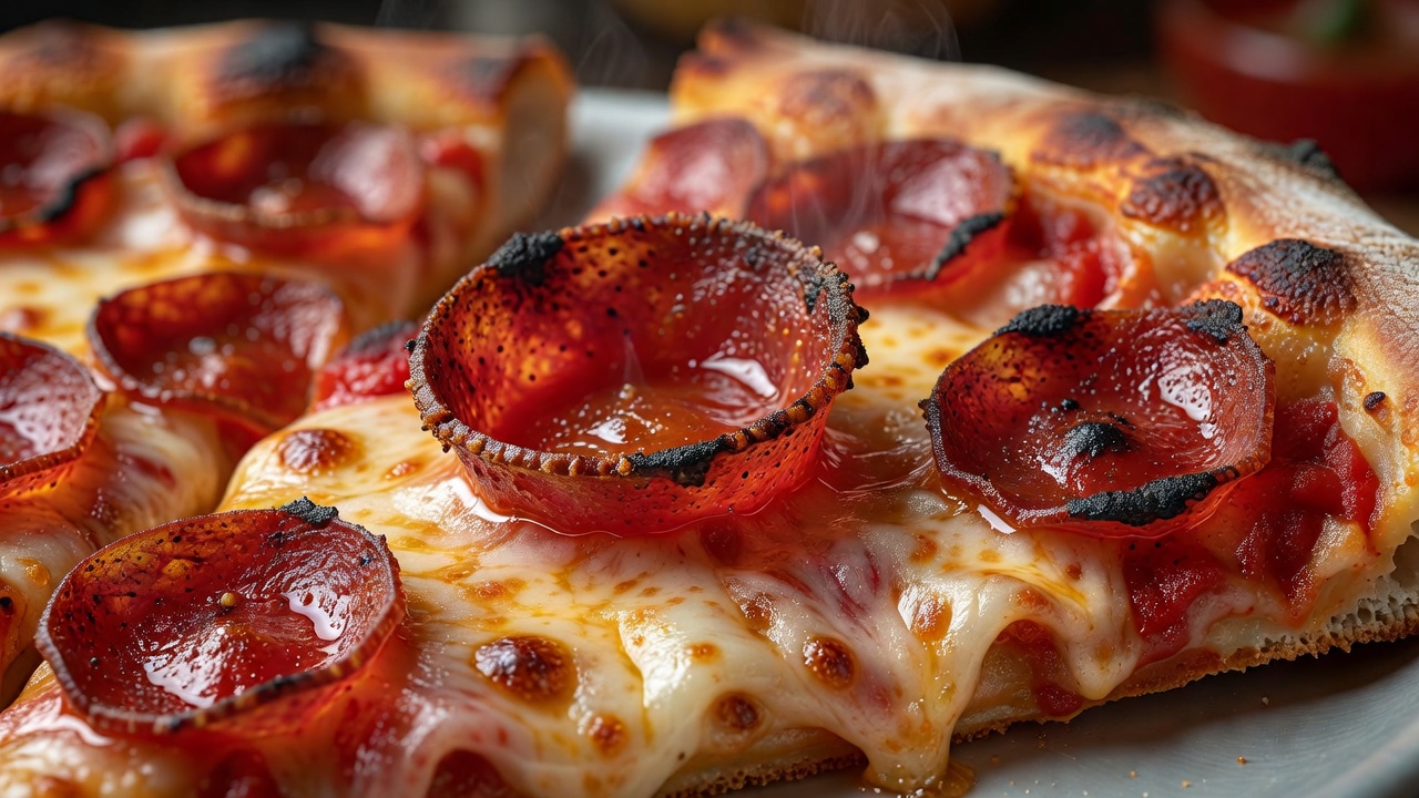 Detail shot of greasy, crispy cup and char pepperoni on a NY slice