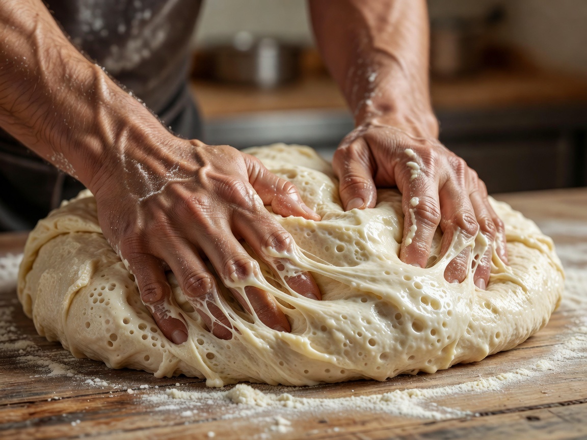 Hands kneading highly hydrated pizza dough