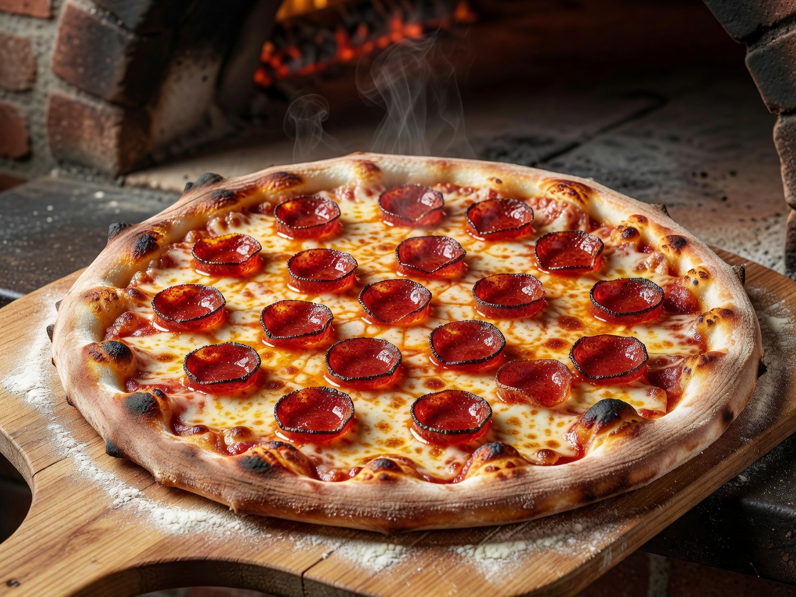New York style pepperoni pizza with cup and char slices
