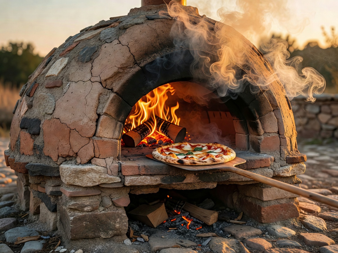 Outdoor wood fired pizza oven in action