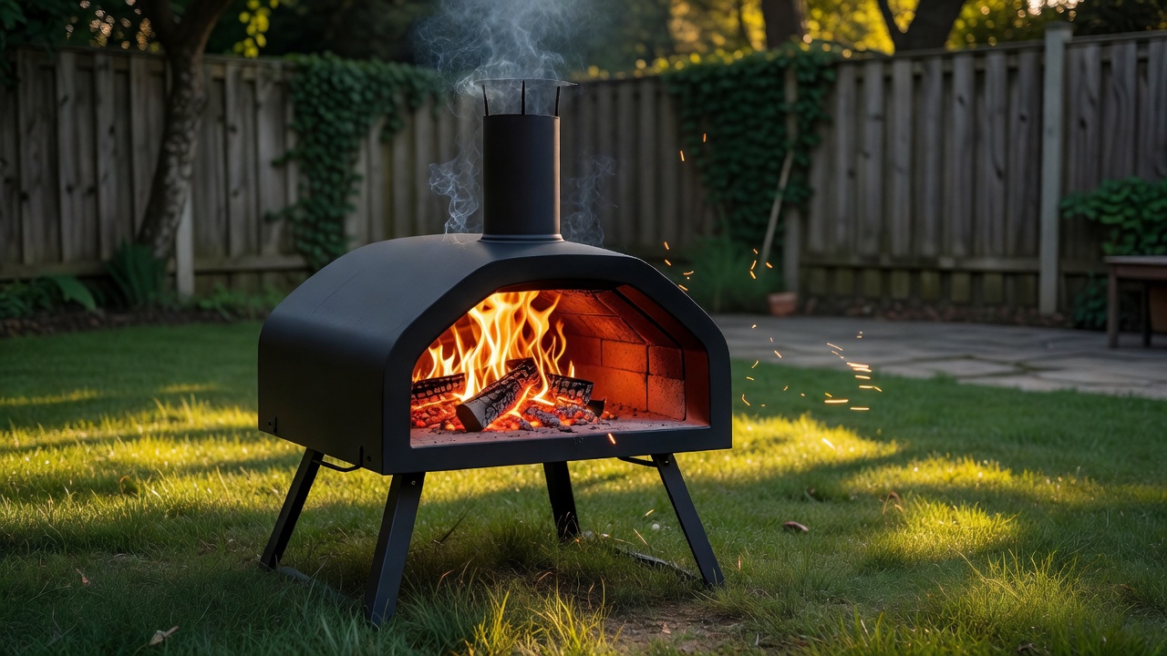 Portable wood fired pizza oven glowing with fire in a backyard