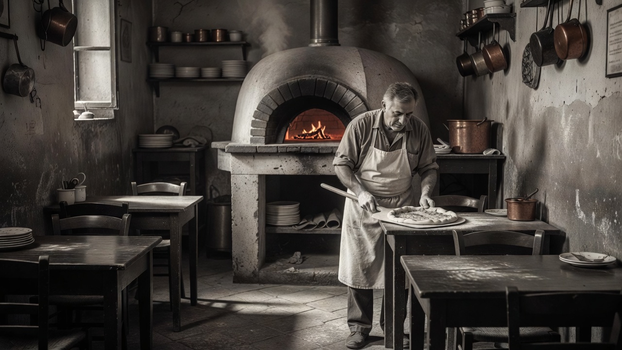 Vintage looking black and white photo of an old Italian pizzeria