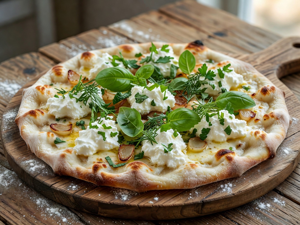 White pizza with ricotta, garlic and fresh herbs